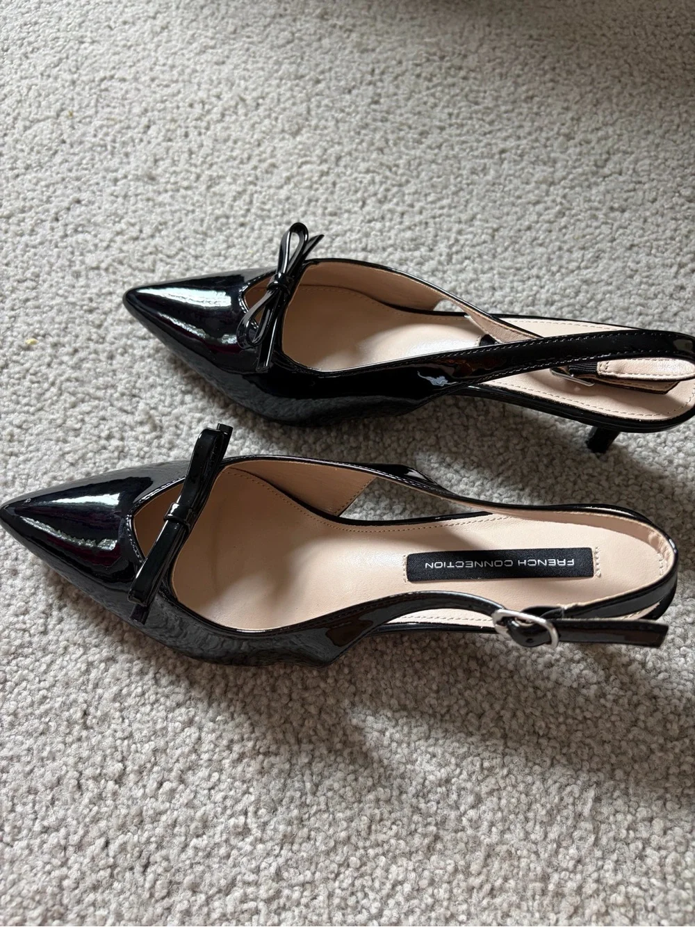 French Connection Black Patent Pointed Toe Slingback Pumps with Bow